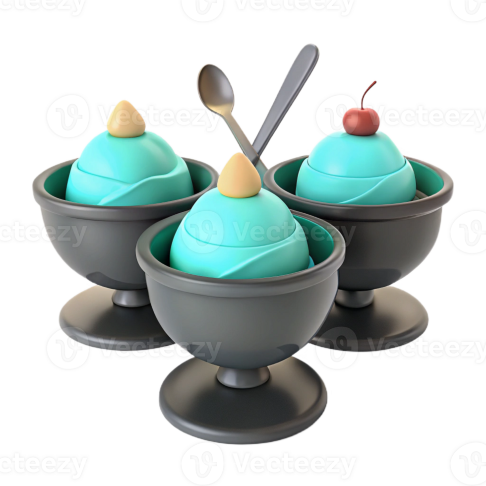 Three Scoops of Blue Ice Cream in Black Bowls png