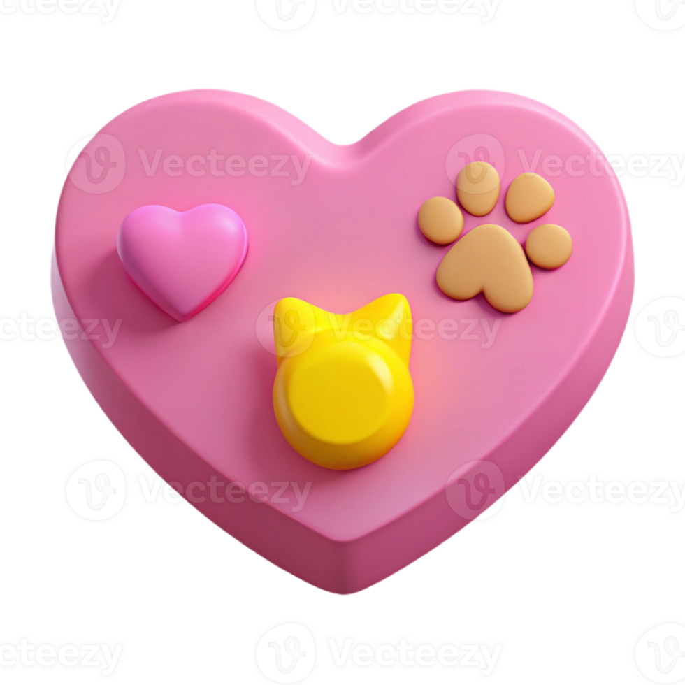 3D Heart Icon with Cat, Paw Print, and Heart Symbols png