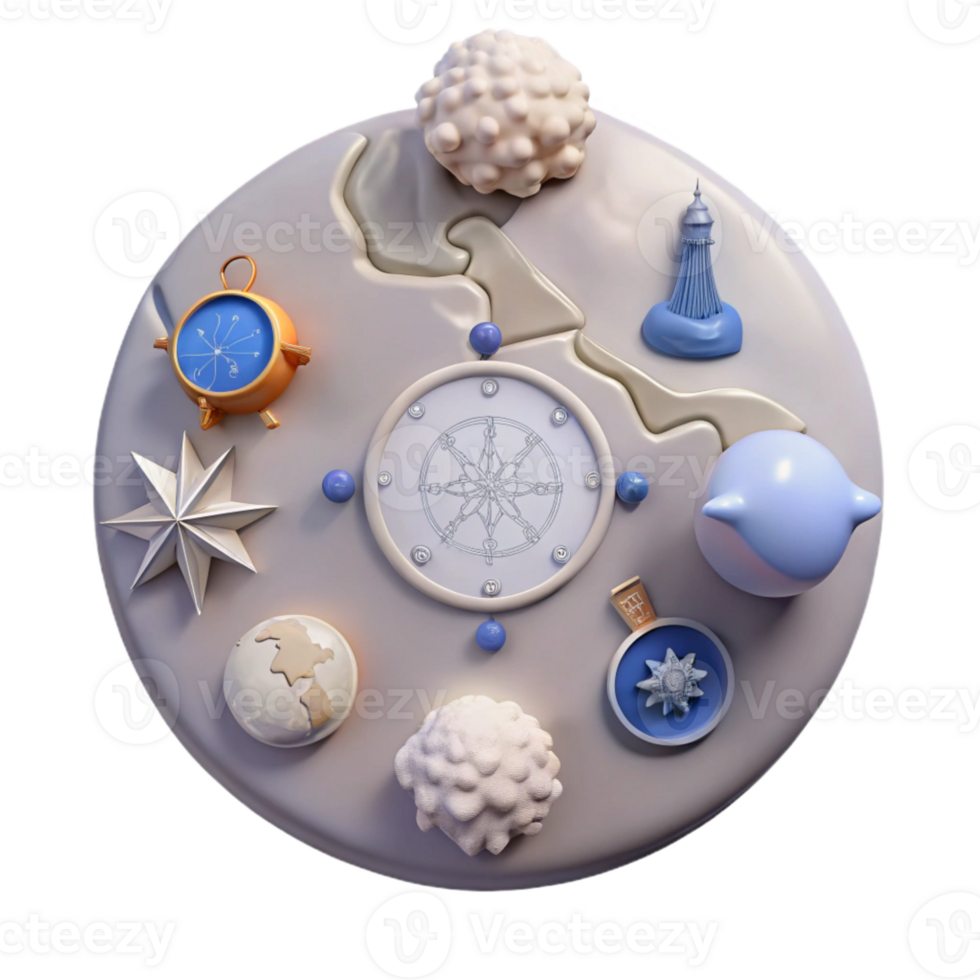 3D Render of Compass, Stars, and Geometric Shapes on Circular Background png