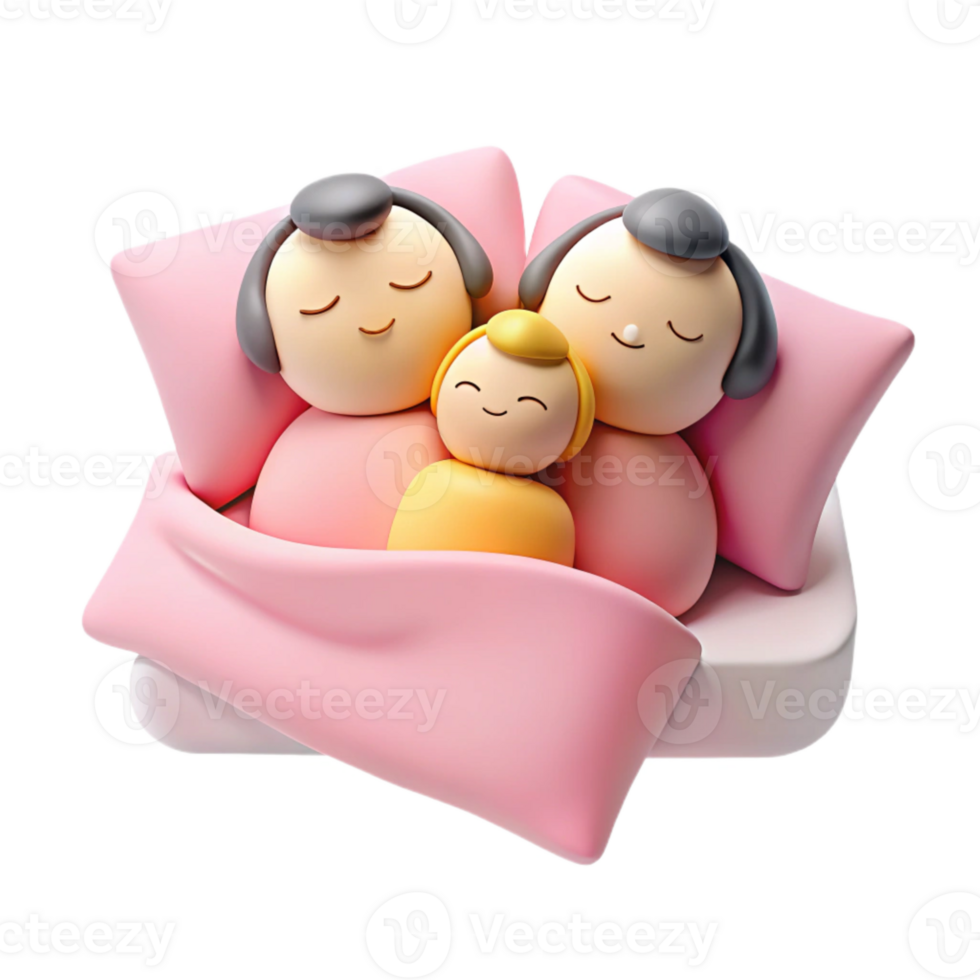Cute Family Sleeping in Bed with Pink Blanket png