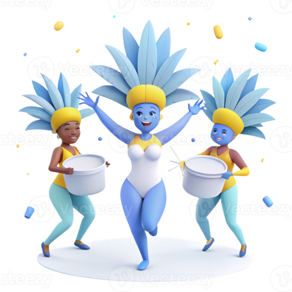 Three 3D Animated Characters in Festive Costumes Holding Buckets png