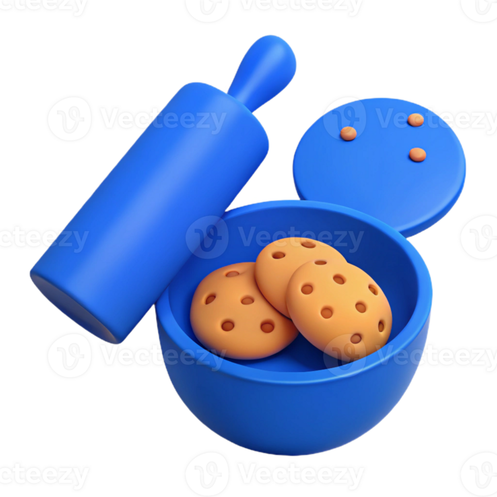 3D Render of Cookies in a Bowl with a Rolling Pin png