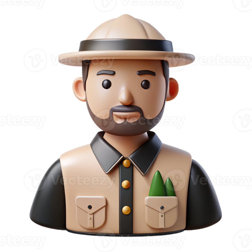 3D Cartoon Character of a Man Wearing a Khaki Uniform and Hat png