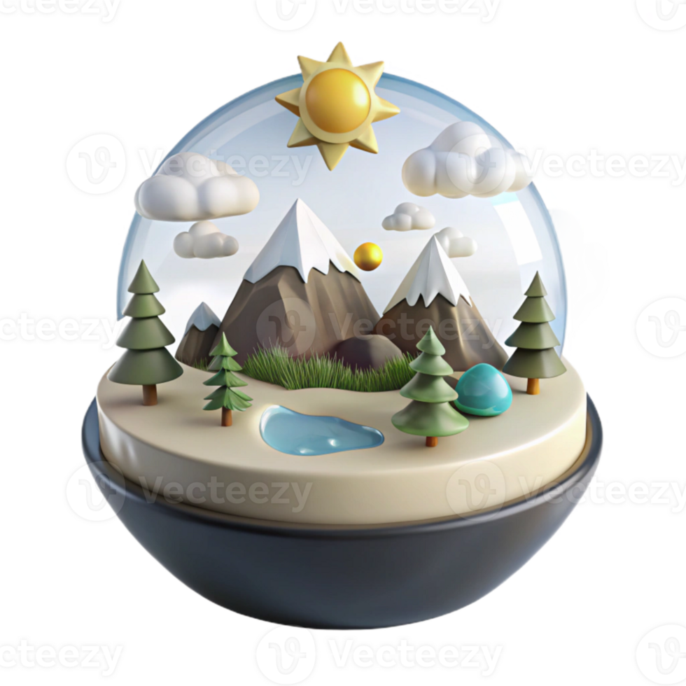 3D Rendered Snow Globe with Mountain Landscape and Sun png