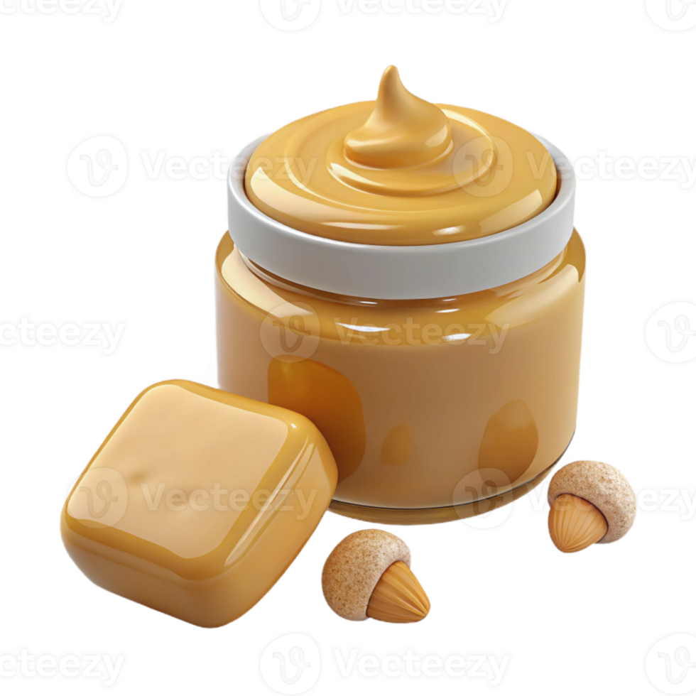 Caramel Spread in Glass Jar with Caramel Squares and Nuts png