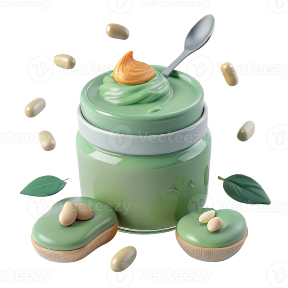 Green Nut Butter in Jar with Spoon and Topped with Nut Butter png