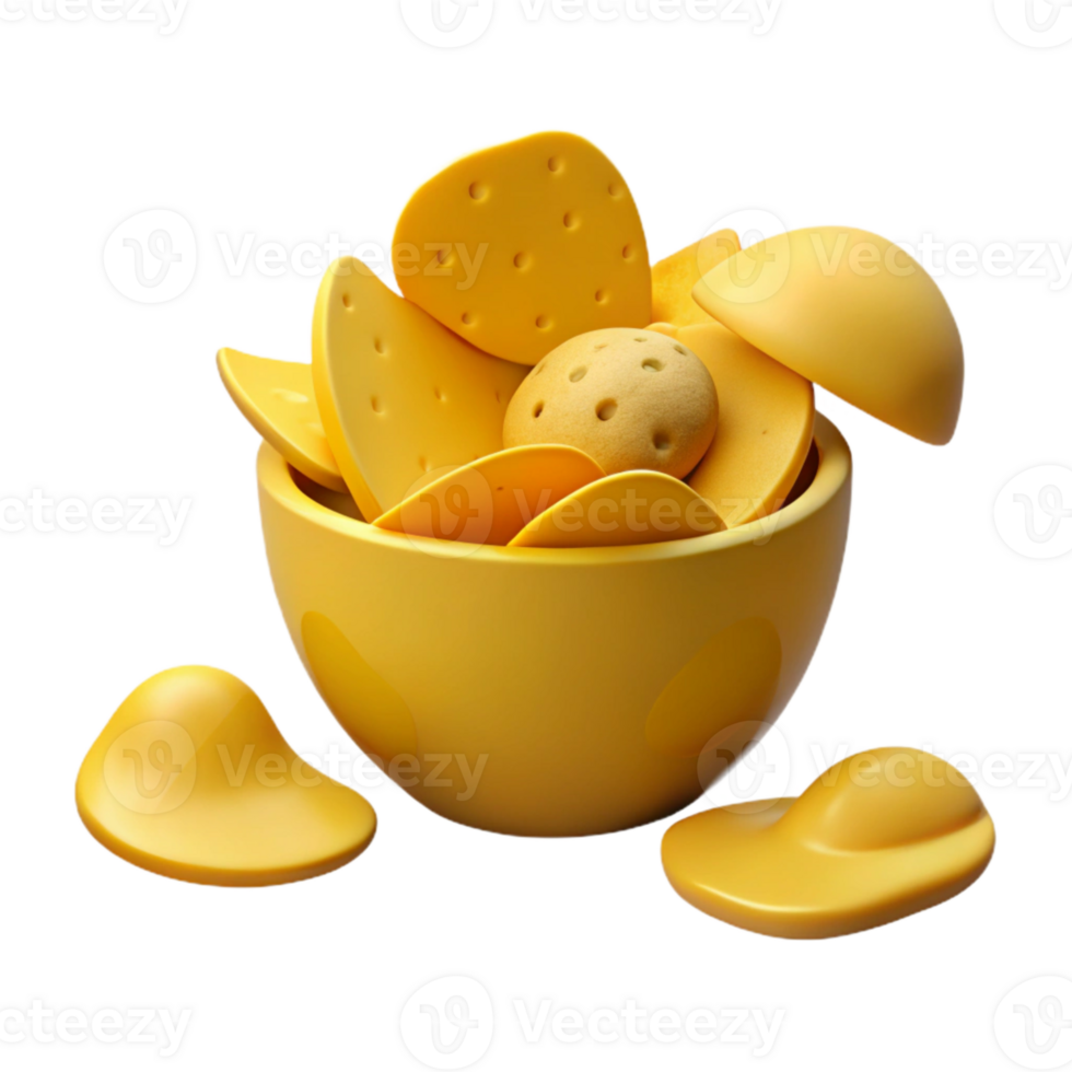 3D Render of Yellow Bowl Filled with Snacks png