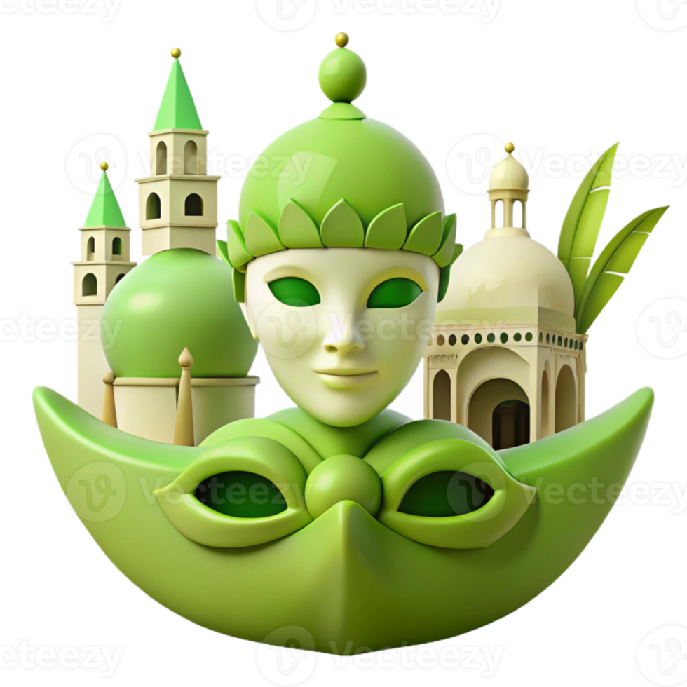Green Masked Figure with Crescent Moon and Buildings png