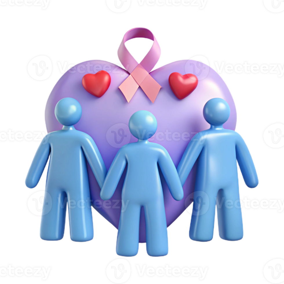 Support and Unity A 3D Illustration of People Holding Hands Around a Heart with a Pink Ribbon png