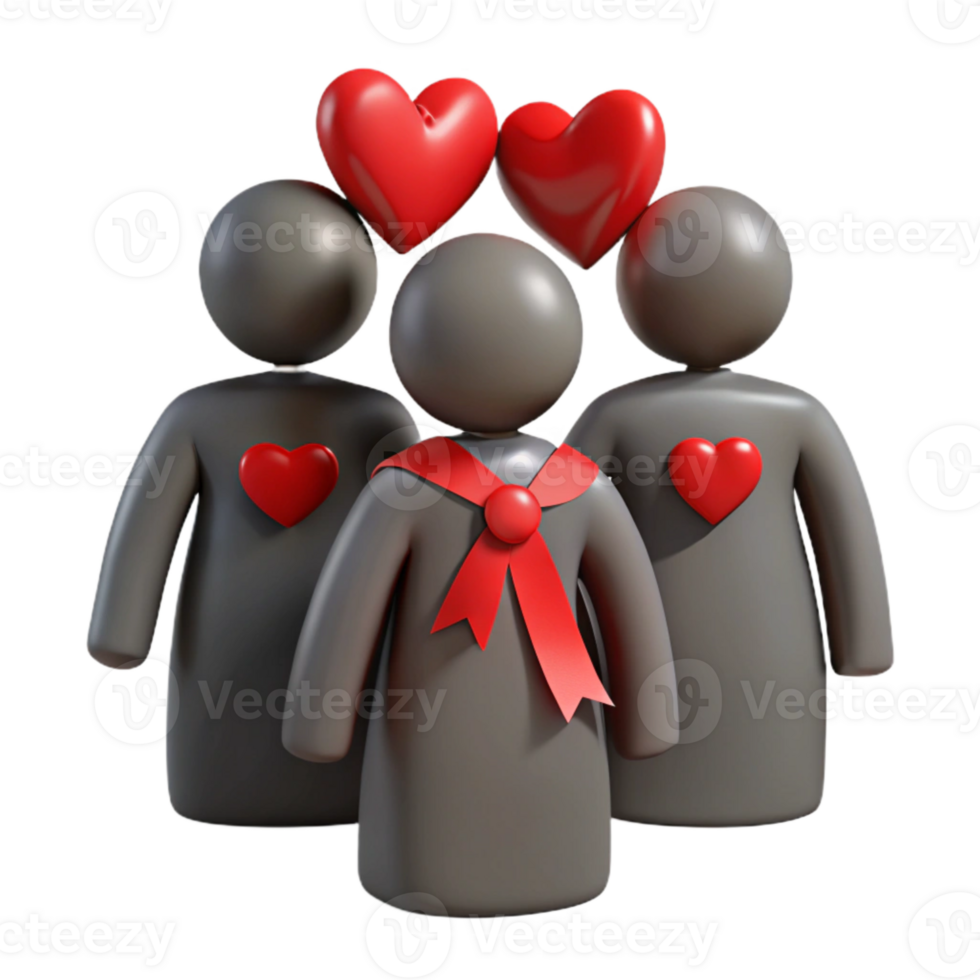 Three 3D Stick Figures with Hearts and Ribbon png