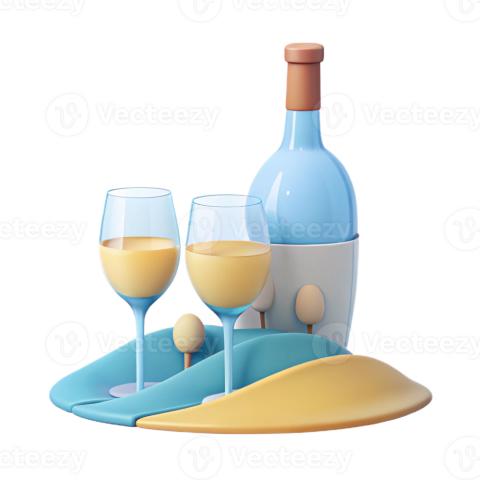 Two Glasses of Wine and a Bottle on a Blue and Yellow Tray png