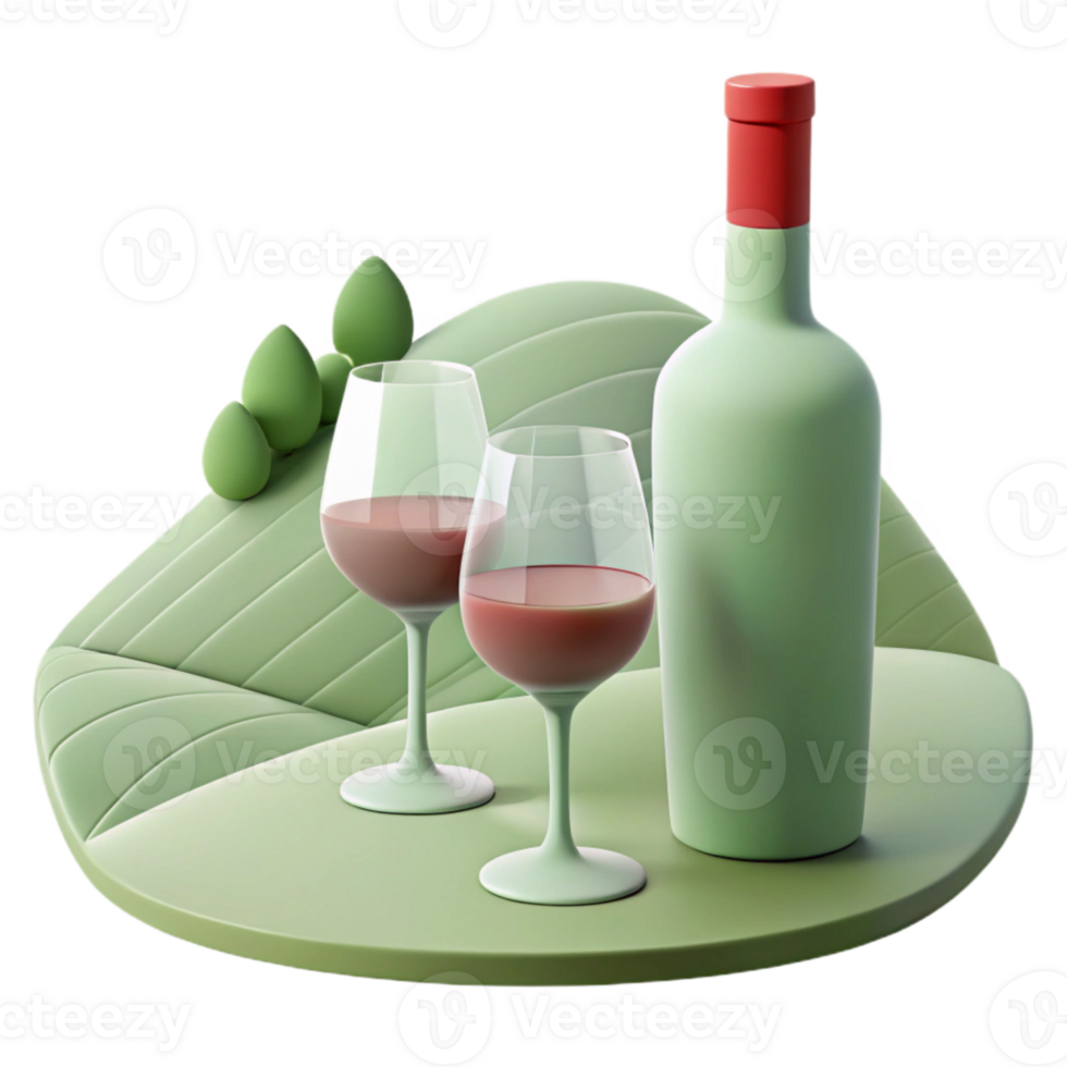 Two Glasses of Red Wine and Bottle on Green Landscape png
