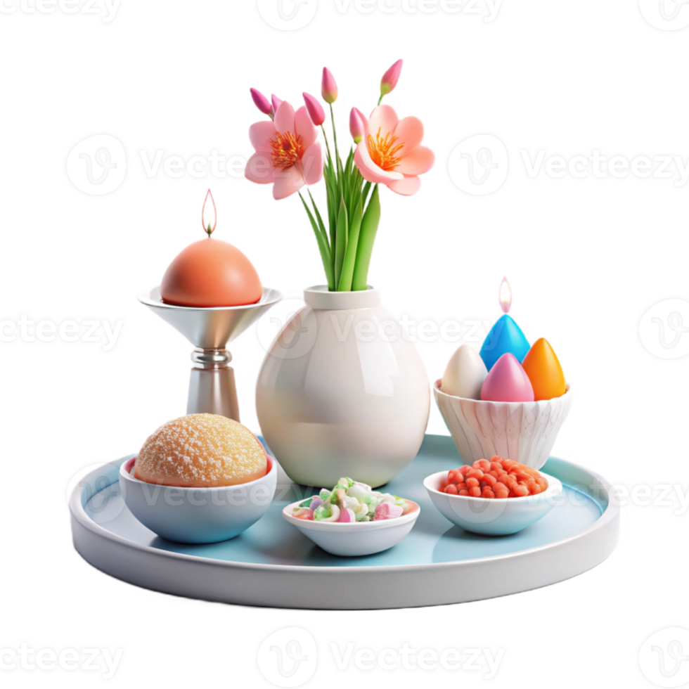 Festive Spring Table Setting with Flowers, Eggs, and Candles png