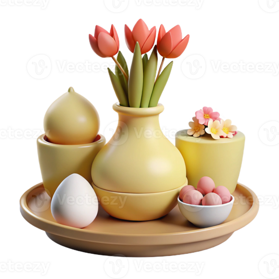 3D Render of Still Life with Tulips, Vase, and Eggs on a Tray png