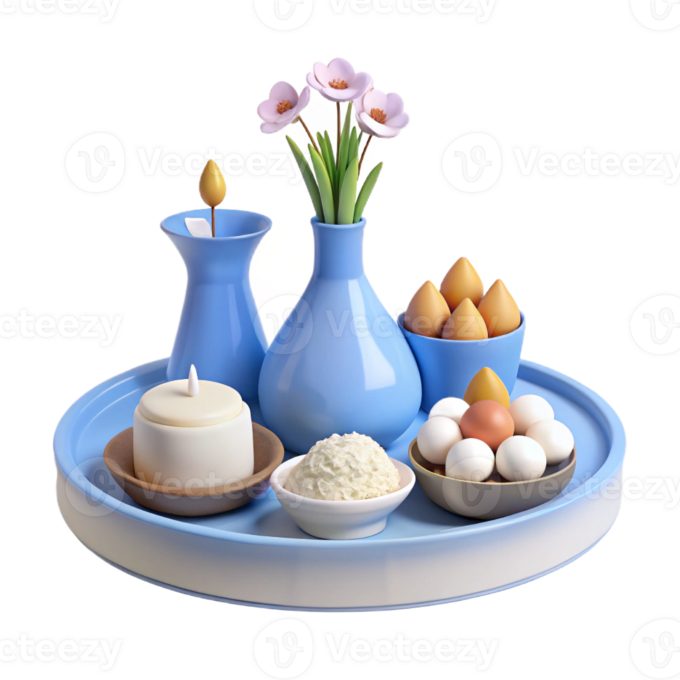 Blue Tray with White Flowers, Candle, and Food png