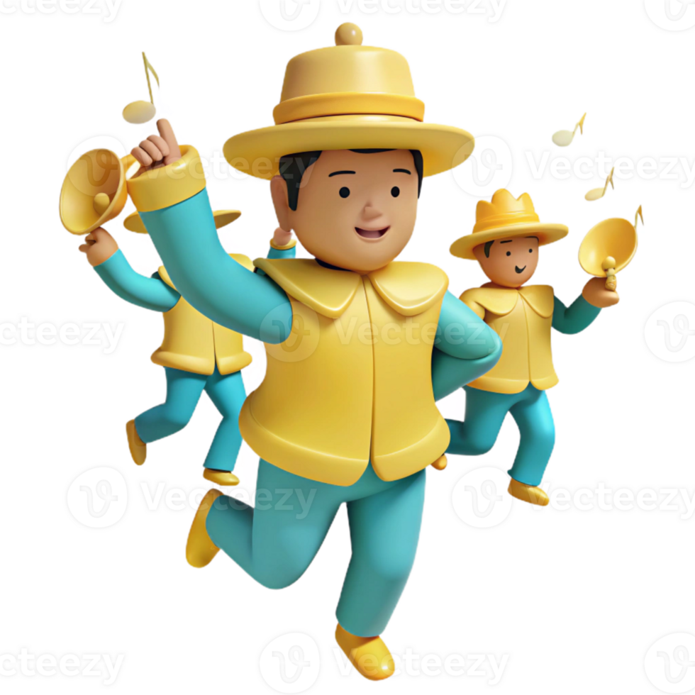 3D Cartoon Characters with Bells, Running and Smiling png