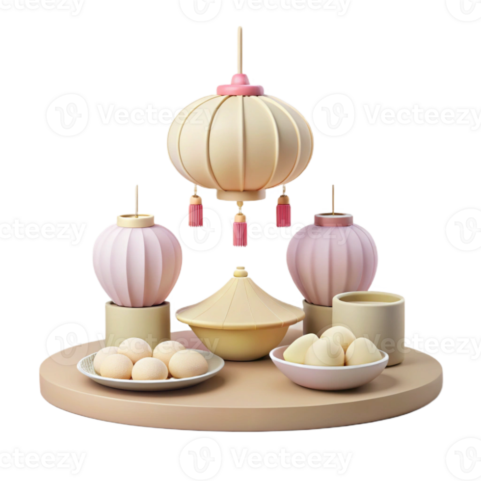 3D Rendered Festive Table Setting with Lanterns, Bowls, and Eggs png