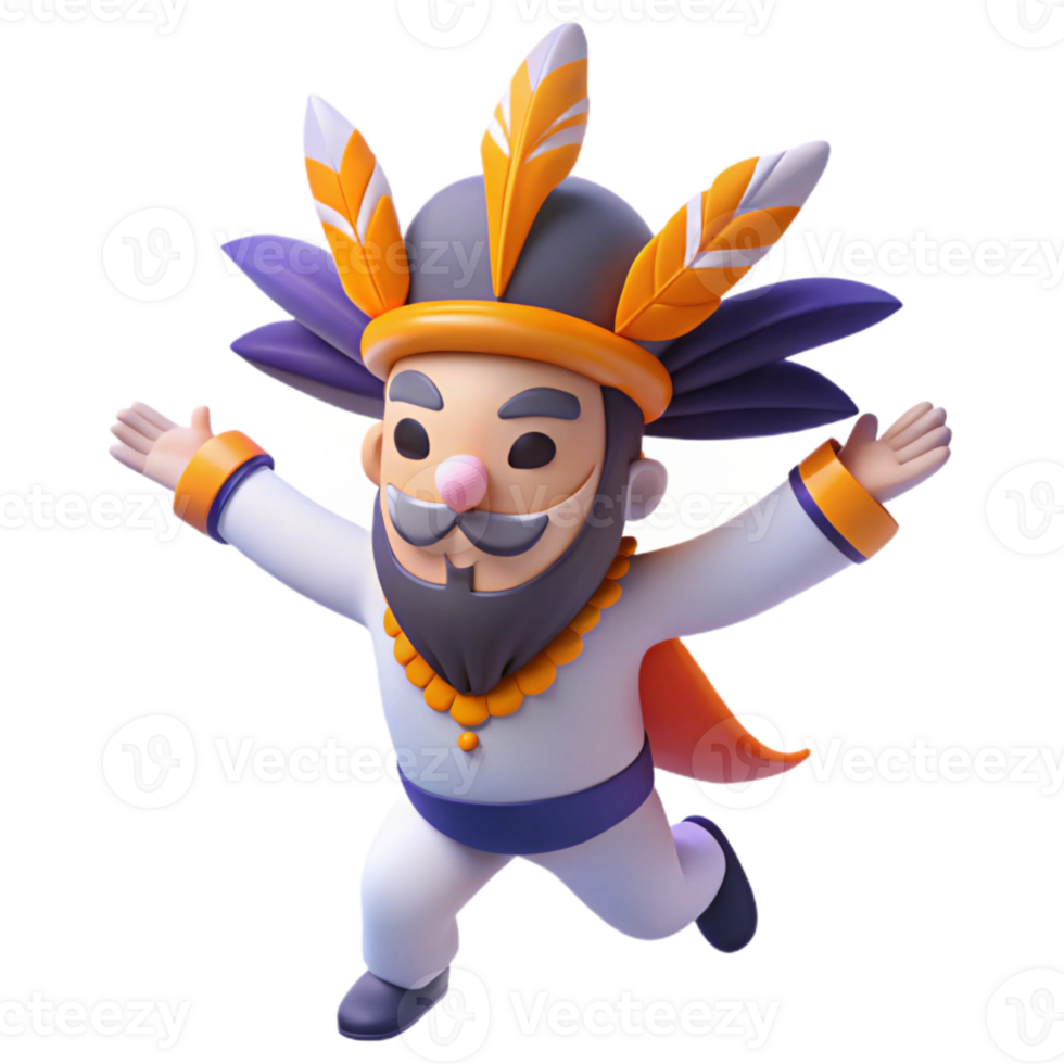 3D Character Design Joyful Figure with Feathers and a Beard png