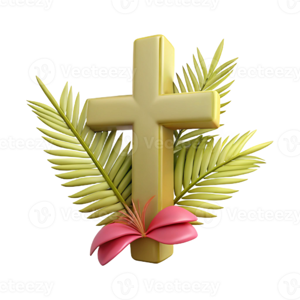Golden Cross with Palm Leaves and Flower png
