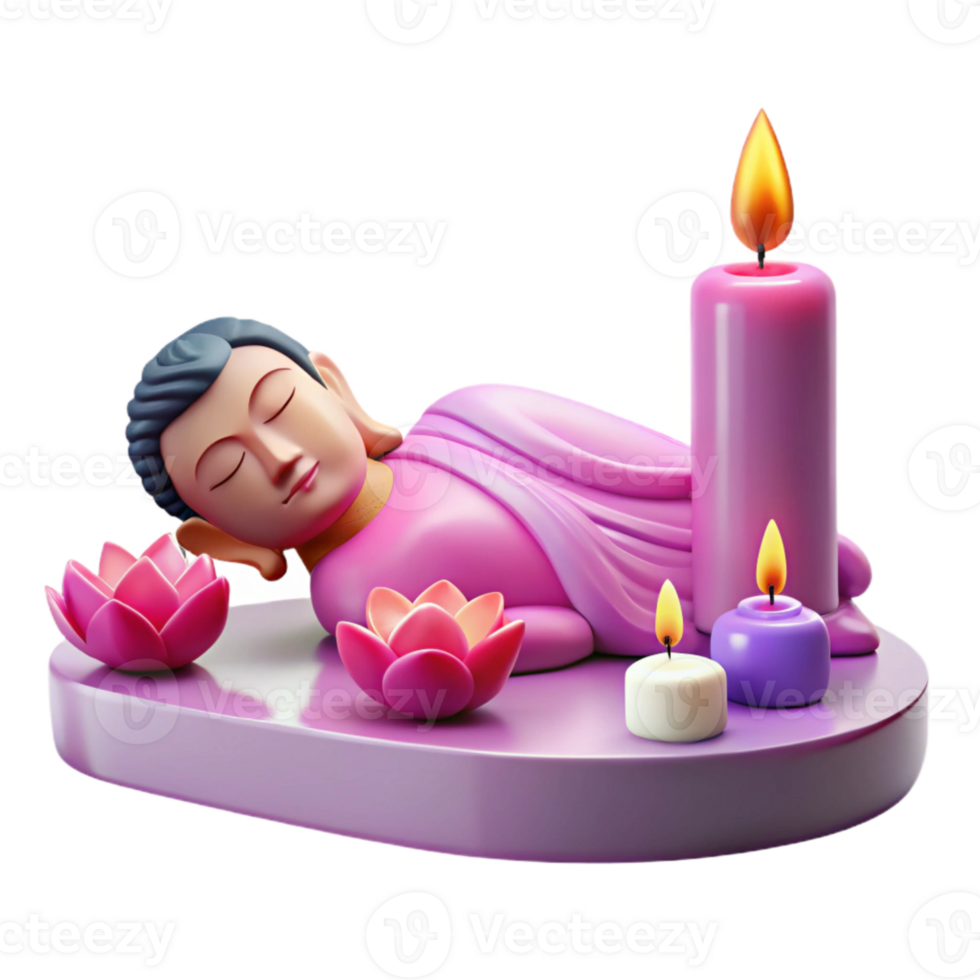 3D Rendered Buddha Statue with Candles and Lotus Flowers png