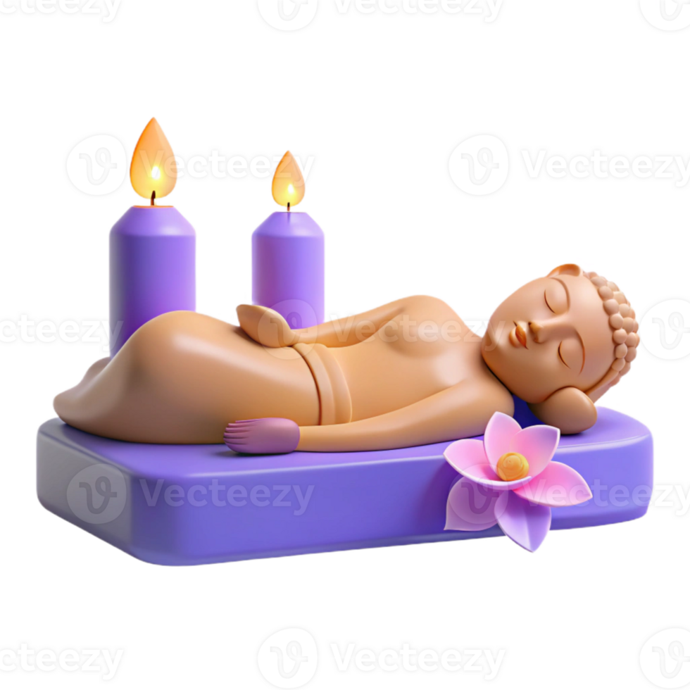 3D Render of a Buddha Statue in a Relaxing Pose with Candles and a Lotus Flower png