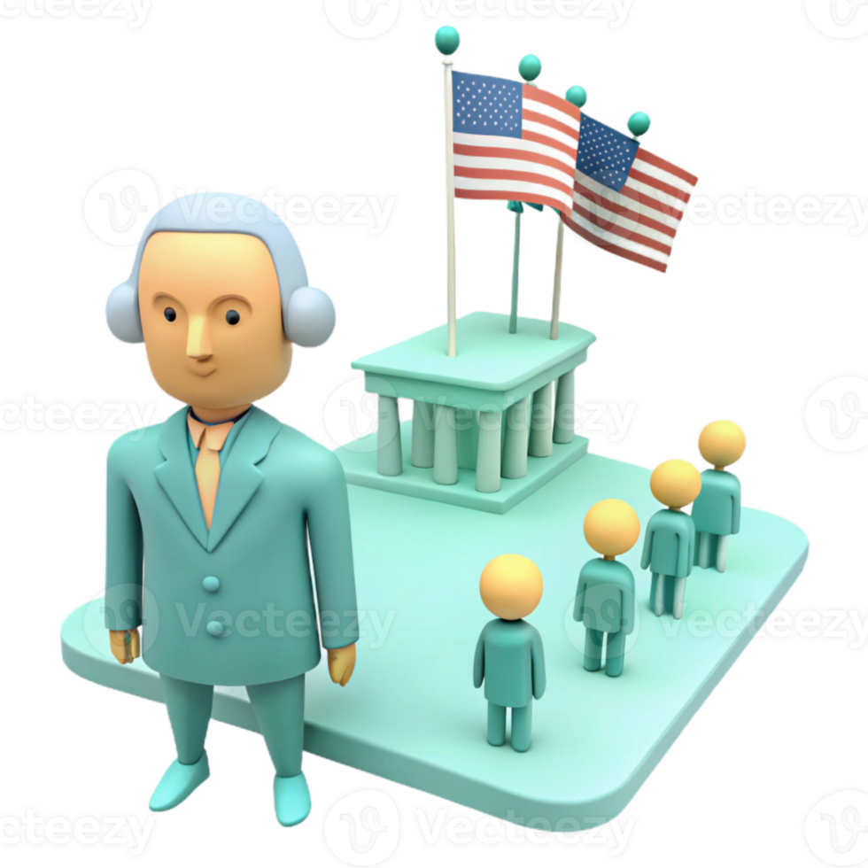 3D Illustration of a Leader and Followers in Front of a Building with Flags png