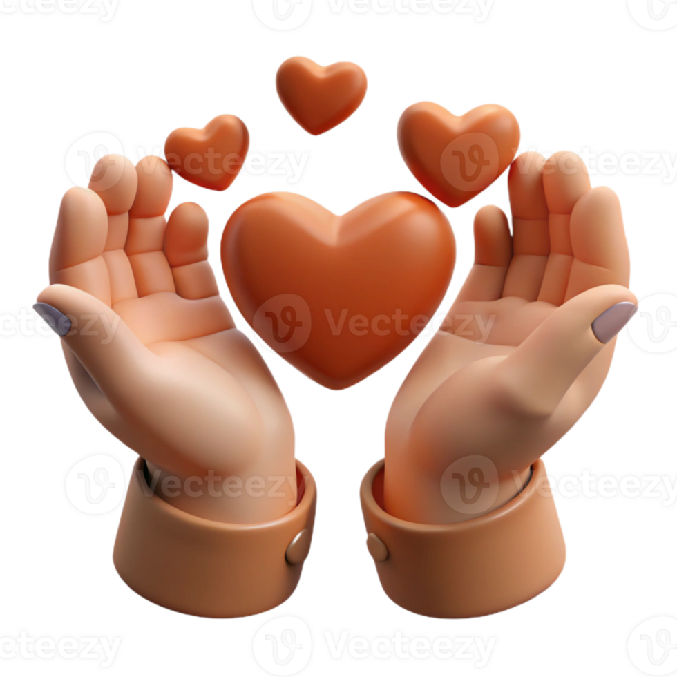 3D Render of Hands Holding a Heart with Smaller Hearts Surrounding It png