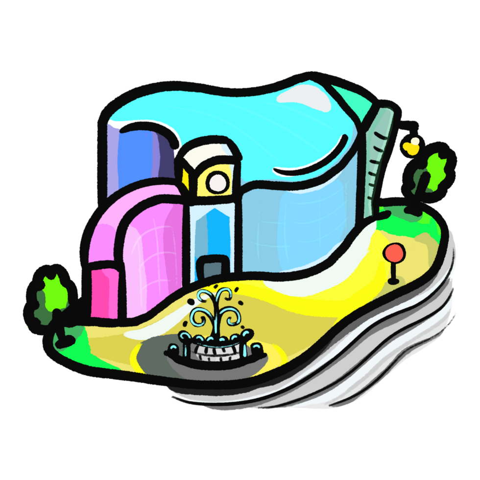 Cartoon shopping mall building design, colorful building illustration, building with street and fountain png