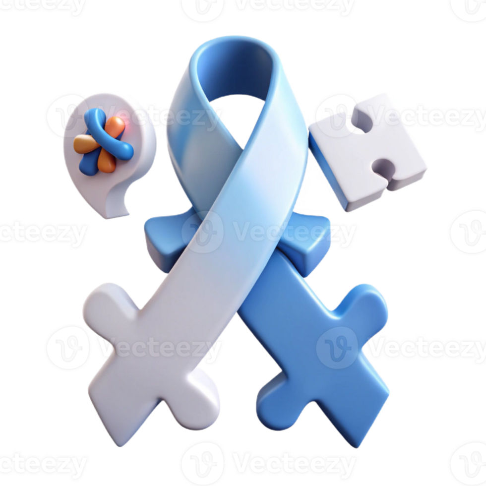 Blue and White Puzzle Pieces and Ribbon png