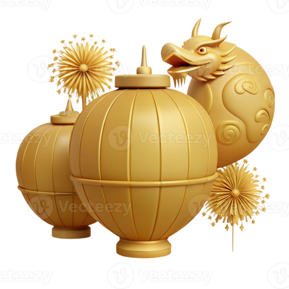 Golden Orbs, Dragon, and Fireworks - 3D Render png