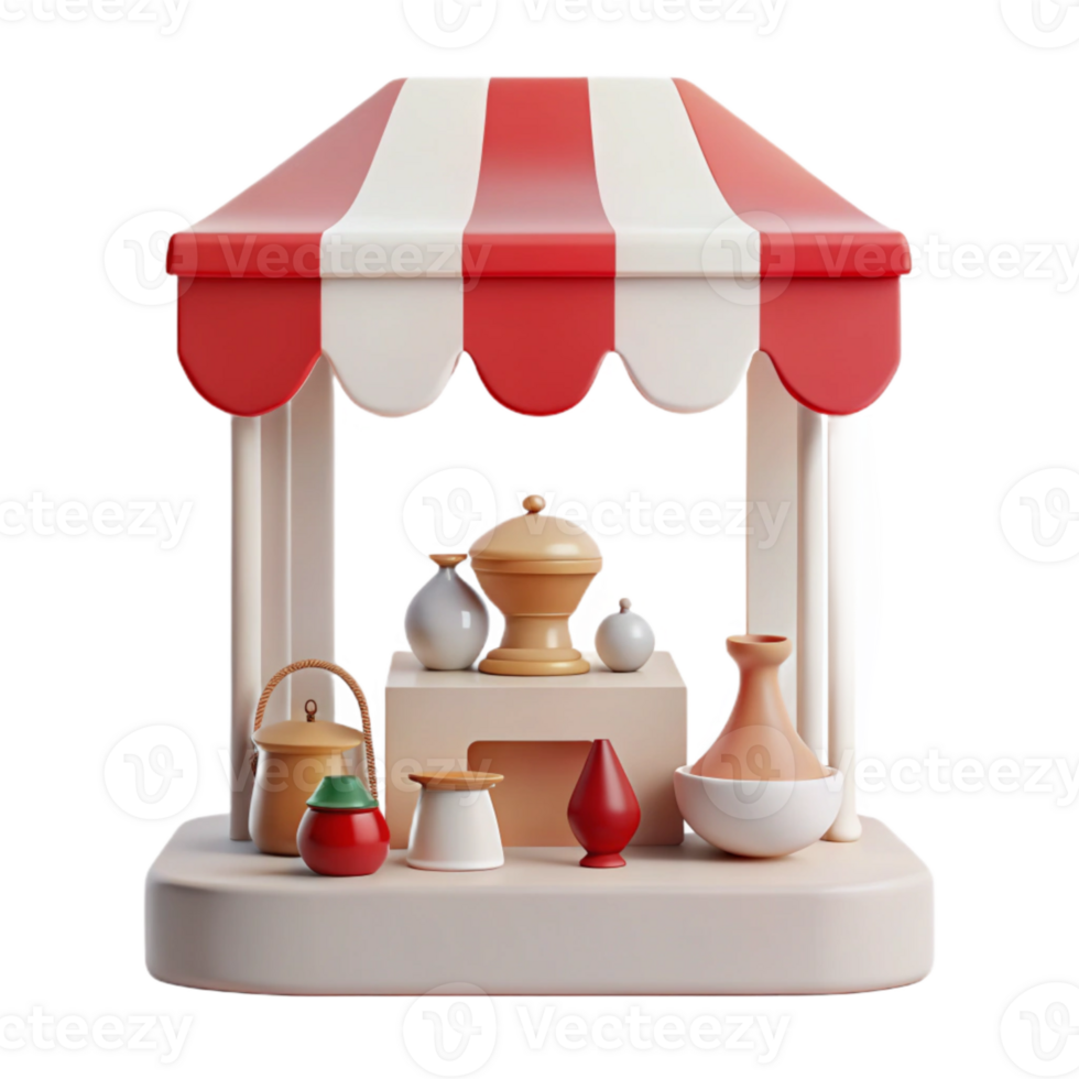 3D Render of a Small Market Stall with Various Pottery png