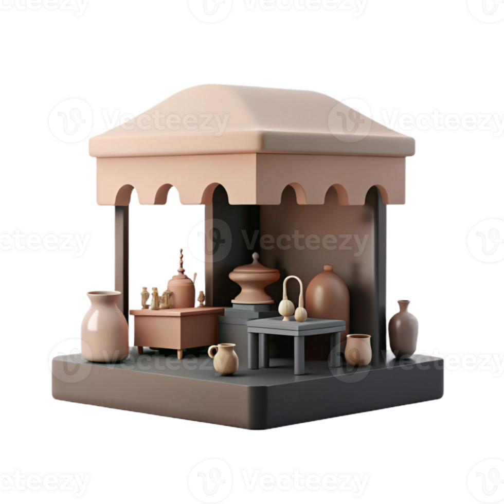 3D Render of a Small Shop with Various Pottery Items png