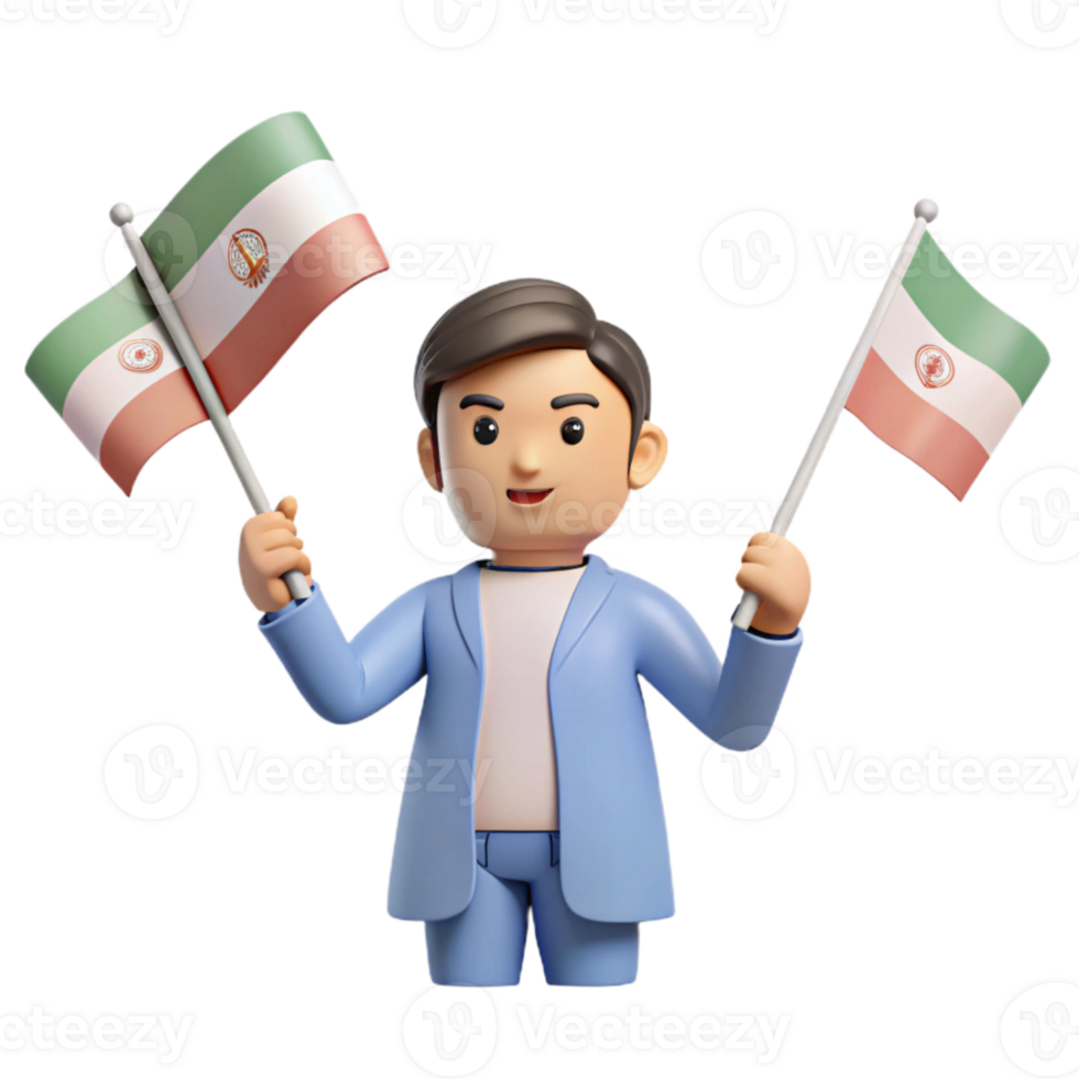 3D Cartoon Character Holding Two Flags png