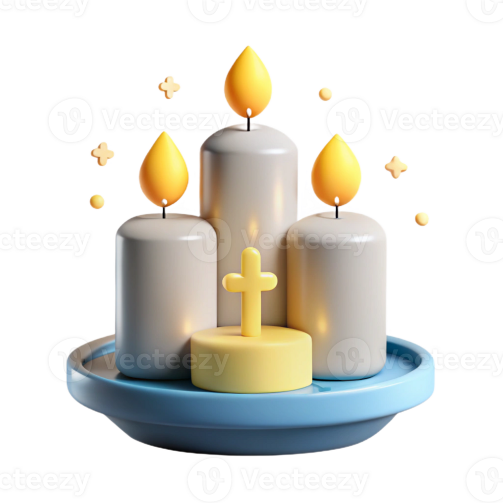 3D Rendered Candles with Cross on Plate png