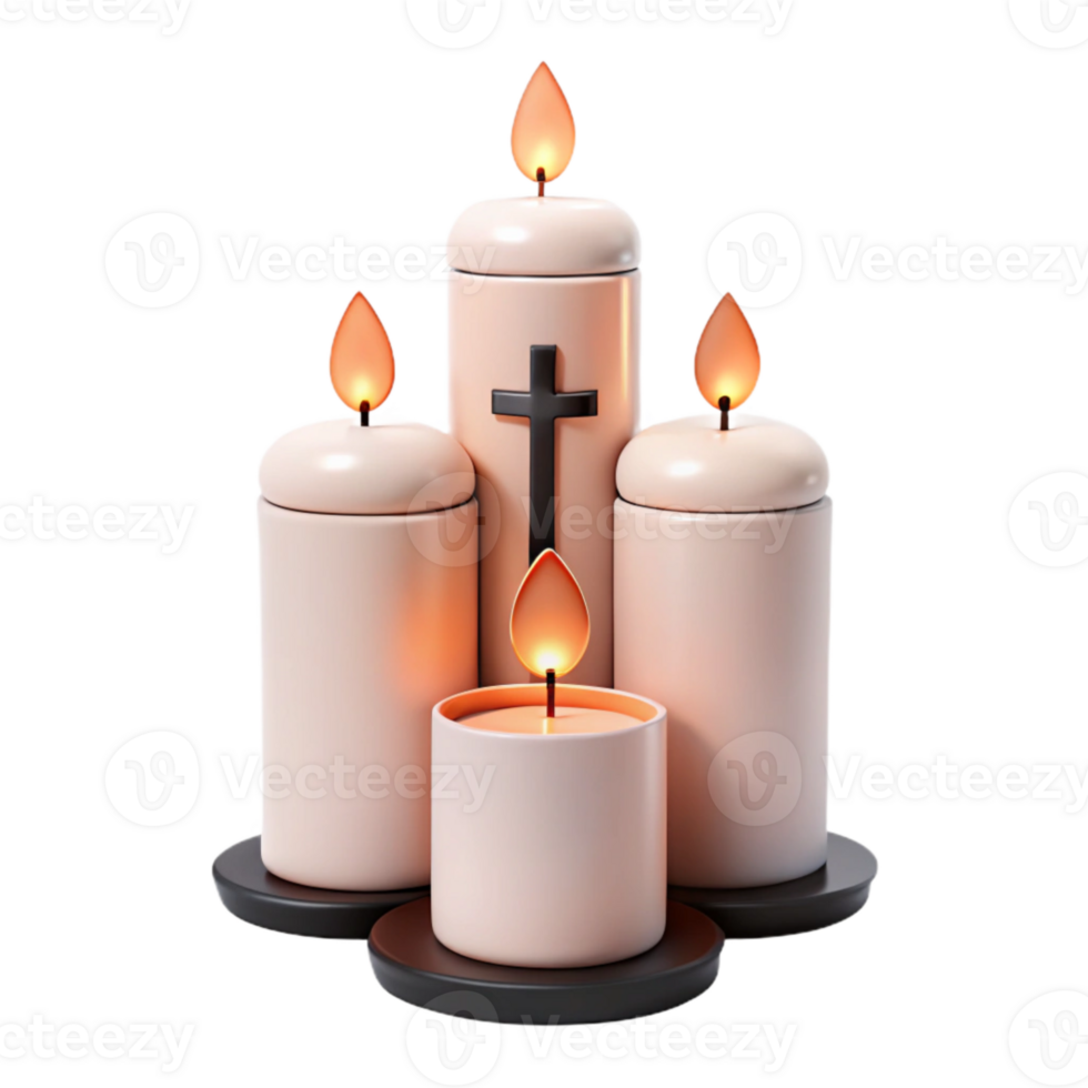 Four Burning Candles with Cross on Center Candle png