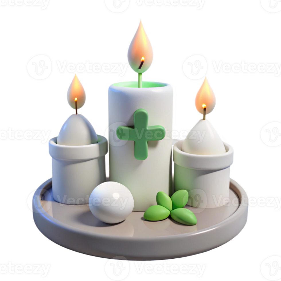 Three Candles with Green Cross on Tray png