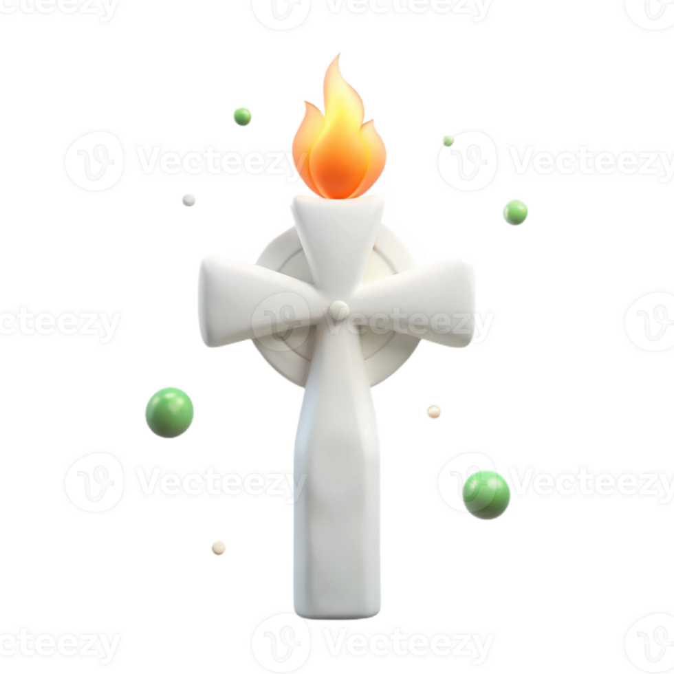 White Cross with Burning Flame and Green Spheres png