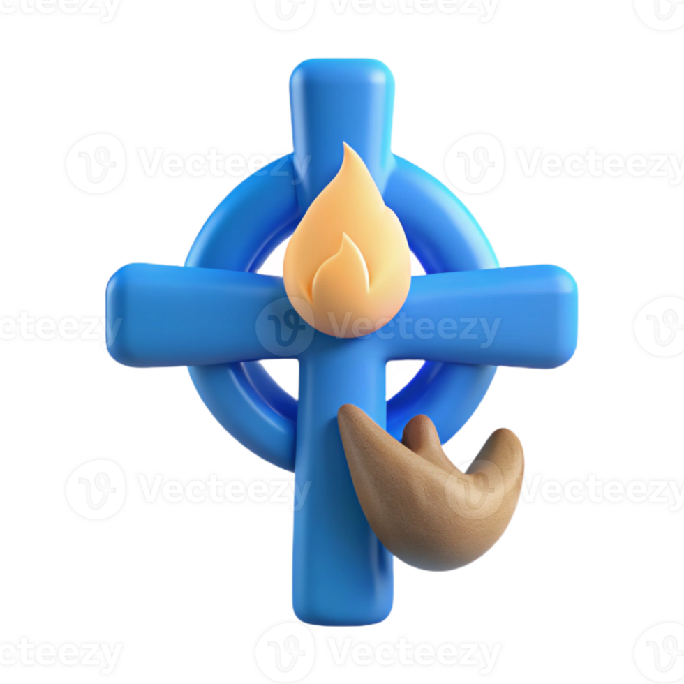 3D Render of a Cross with a Flame and Hand png