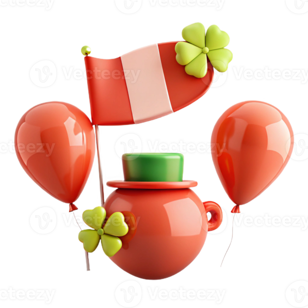 3D Render of Red Pot with Green Hat and Clover png