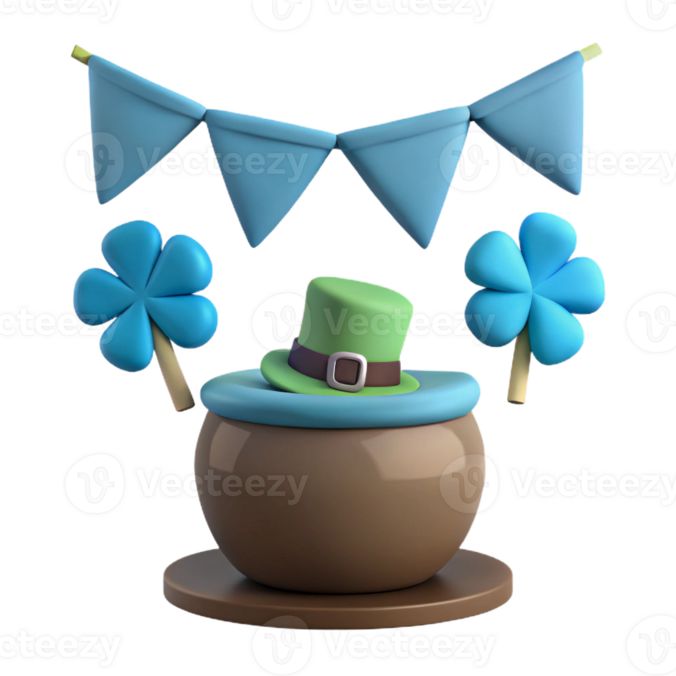 3D Render of Pot of Gold with Shamrock and Hat png