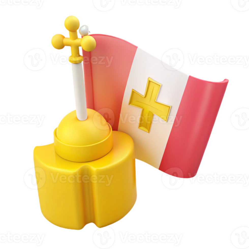 3D Render of a Yellow Flagpole with a Red and White Flag with a Gold Cross png