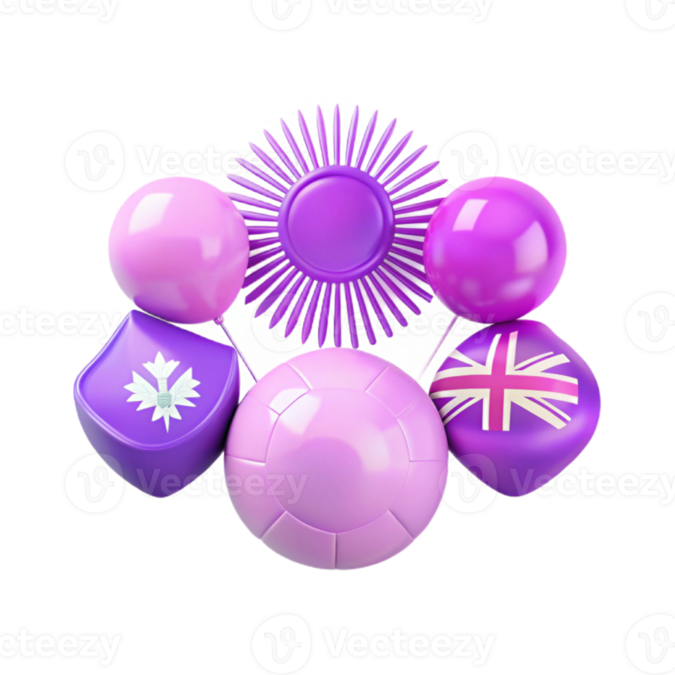 Purple and Pink 3D Objects with Flags and a Sun png
