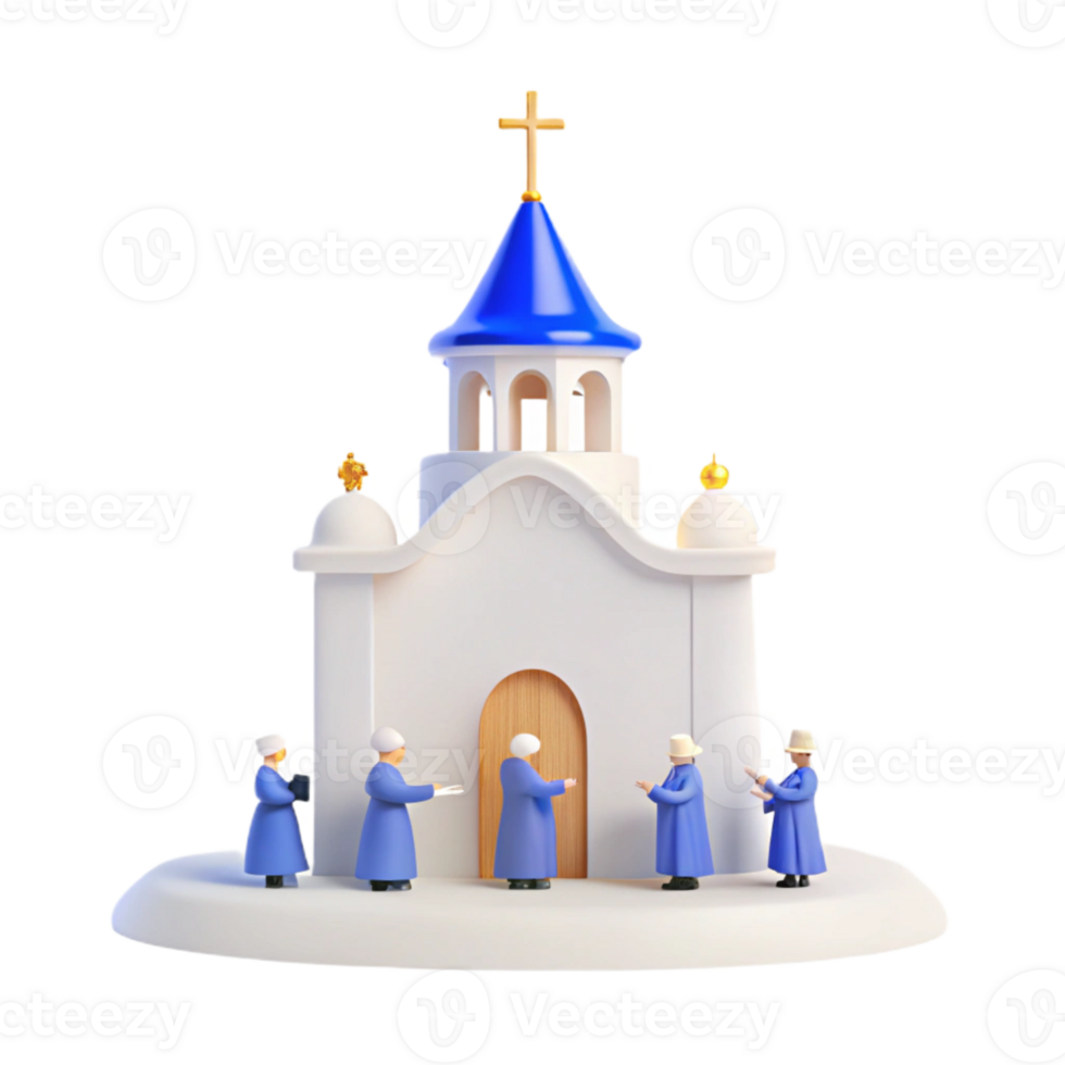 3D Render of Church Building with Figures png