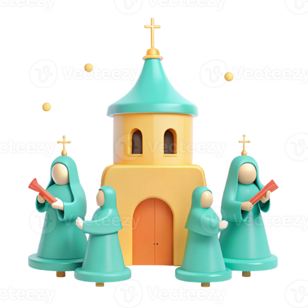 3D Render of Religious Figures Standing Outside a Church png