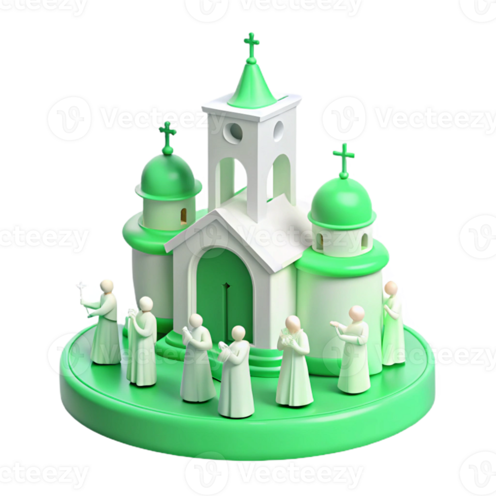 3D Render of Church Building with People Praying png