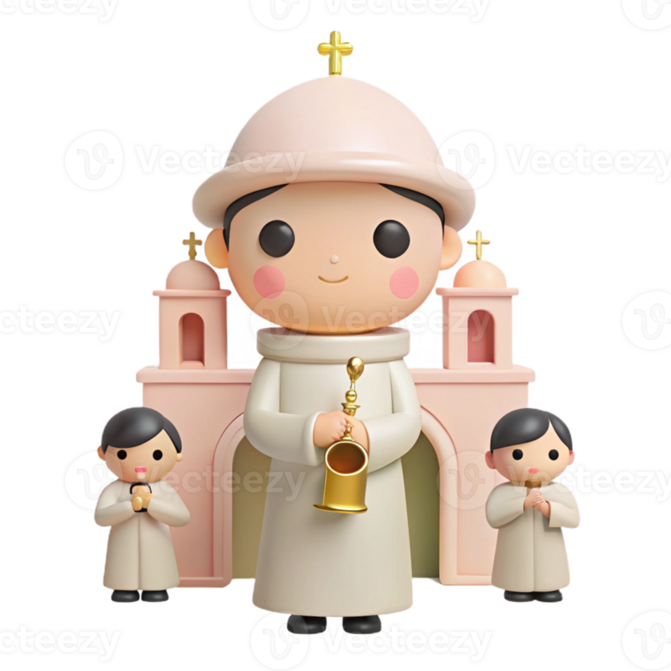 3D Illustration of a Priest with Children in Front of a Church png