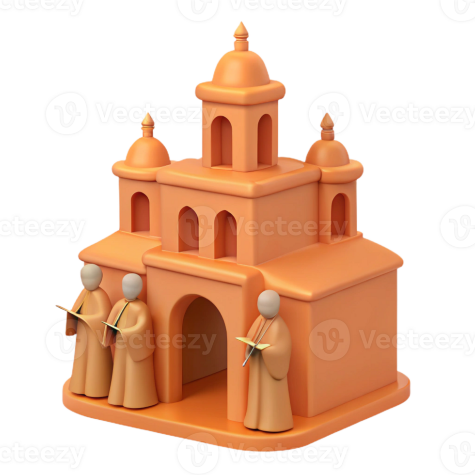 3D Render of a Church Building with Figures Singing png