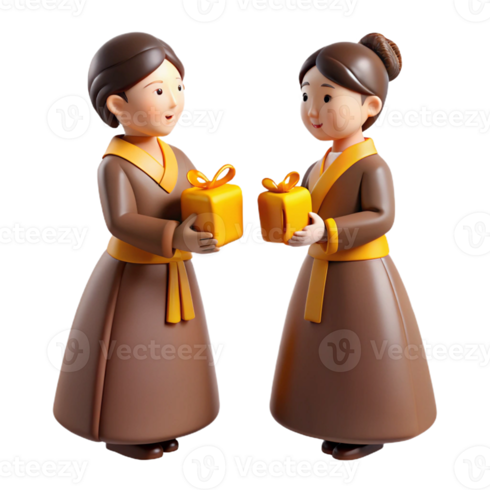 Two Cartoon Characters in Traditional Clothing Exchange Gifts png