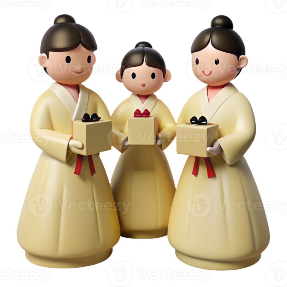 Three Cartoon Characters in Traditional Korean Clothing Holding Gifts png