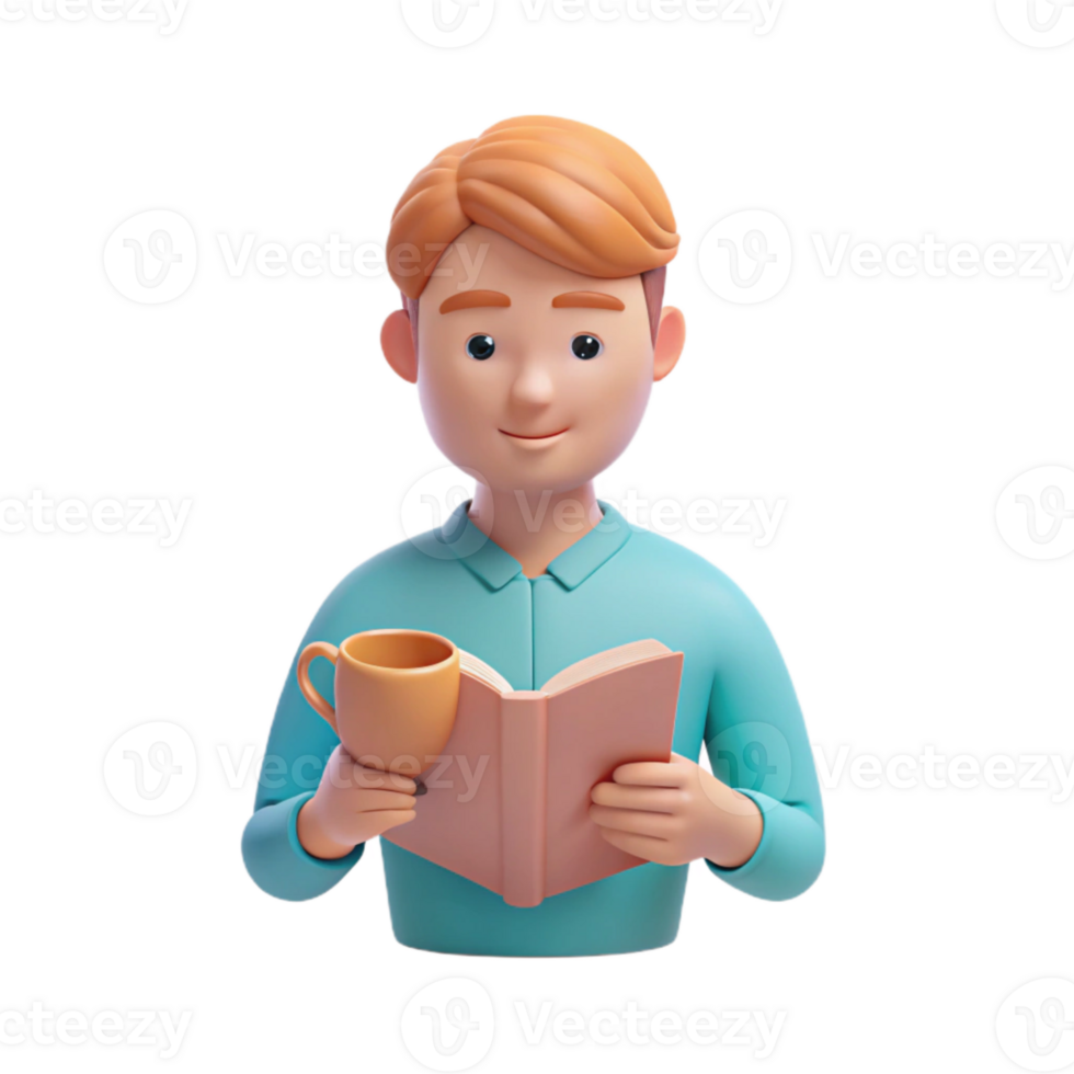 3D Illustration of Man Reading a Book with a Cup of Coffee png